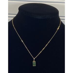 Signed Dainty Gold Tone Green Stone Rectangle Pendant Necklace Classic Simple